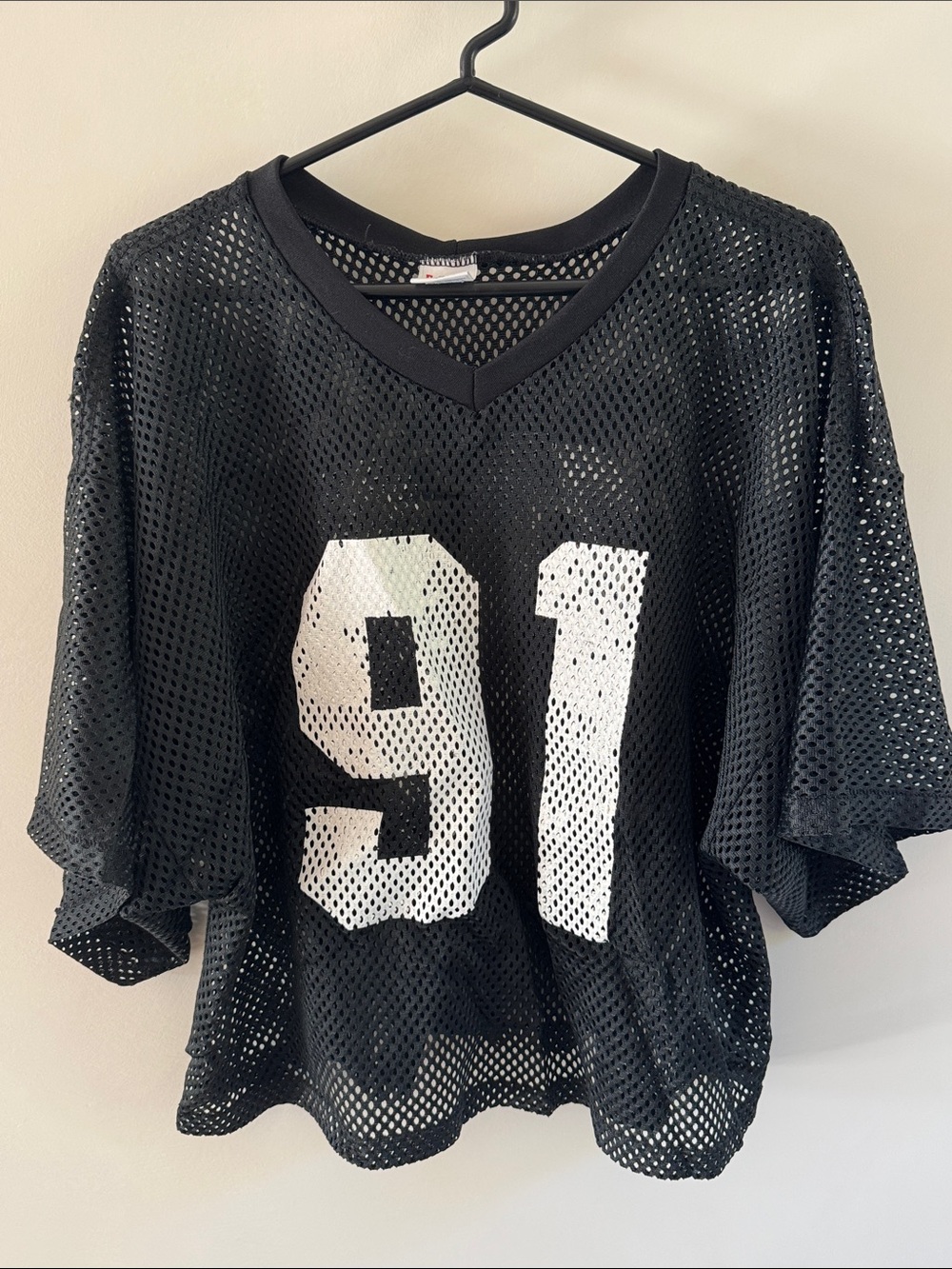 vintage fab knit 91 black white jersey v neck unisex size l/xl boxy fit